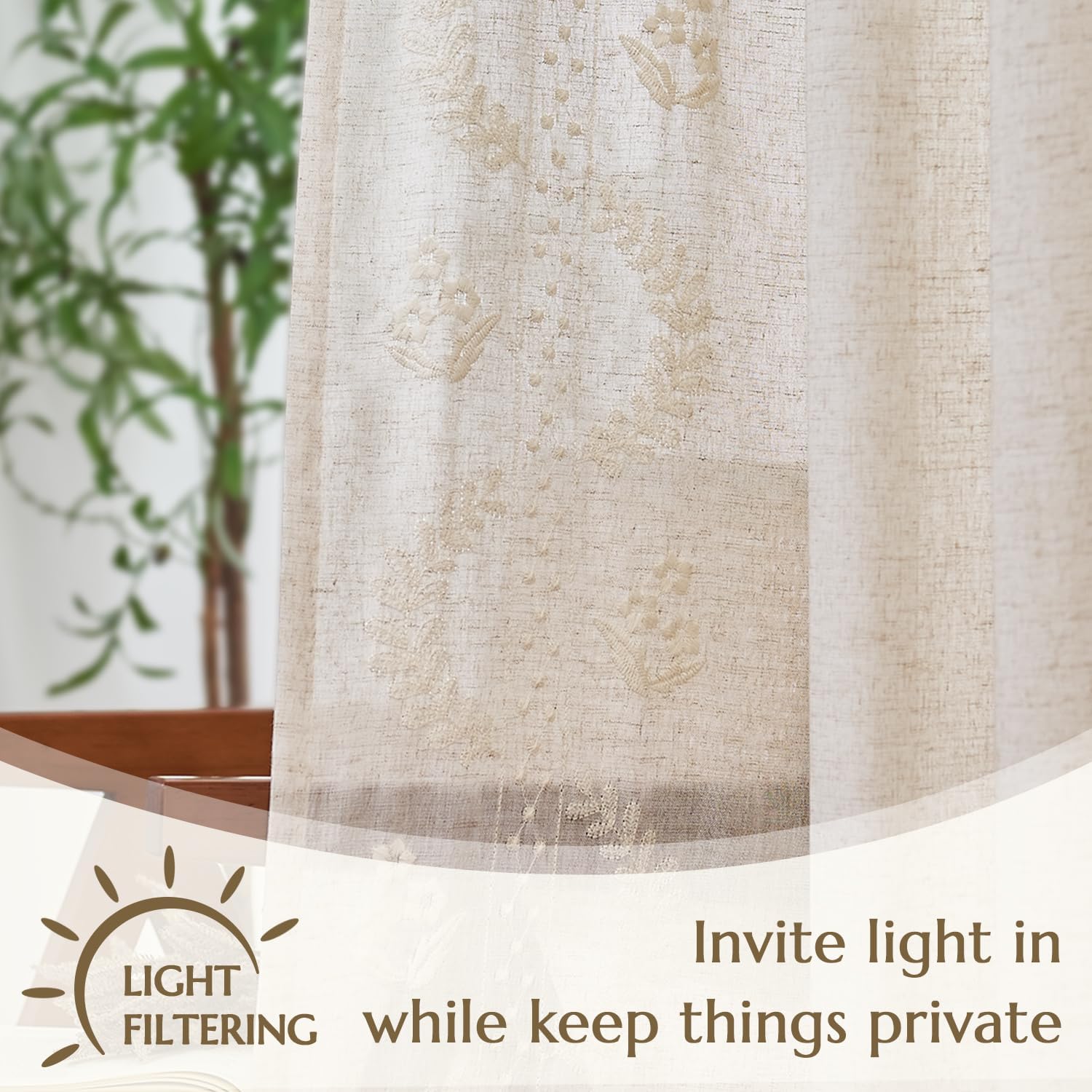 jinchan Belrose Linen Curtains for Bedroom Floral Curtains 72 Inch Length Linen Blend Ivory Embroidered Drapes Farmhouse Flower Patterned Drapes for Living Room Window Treatments Set 2 Panels